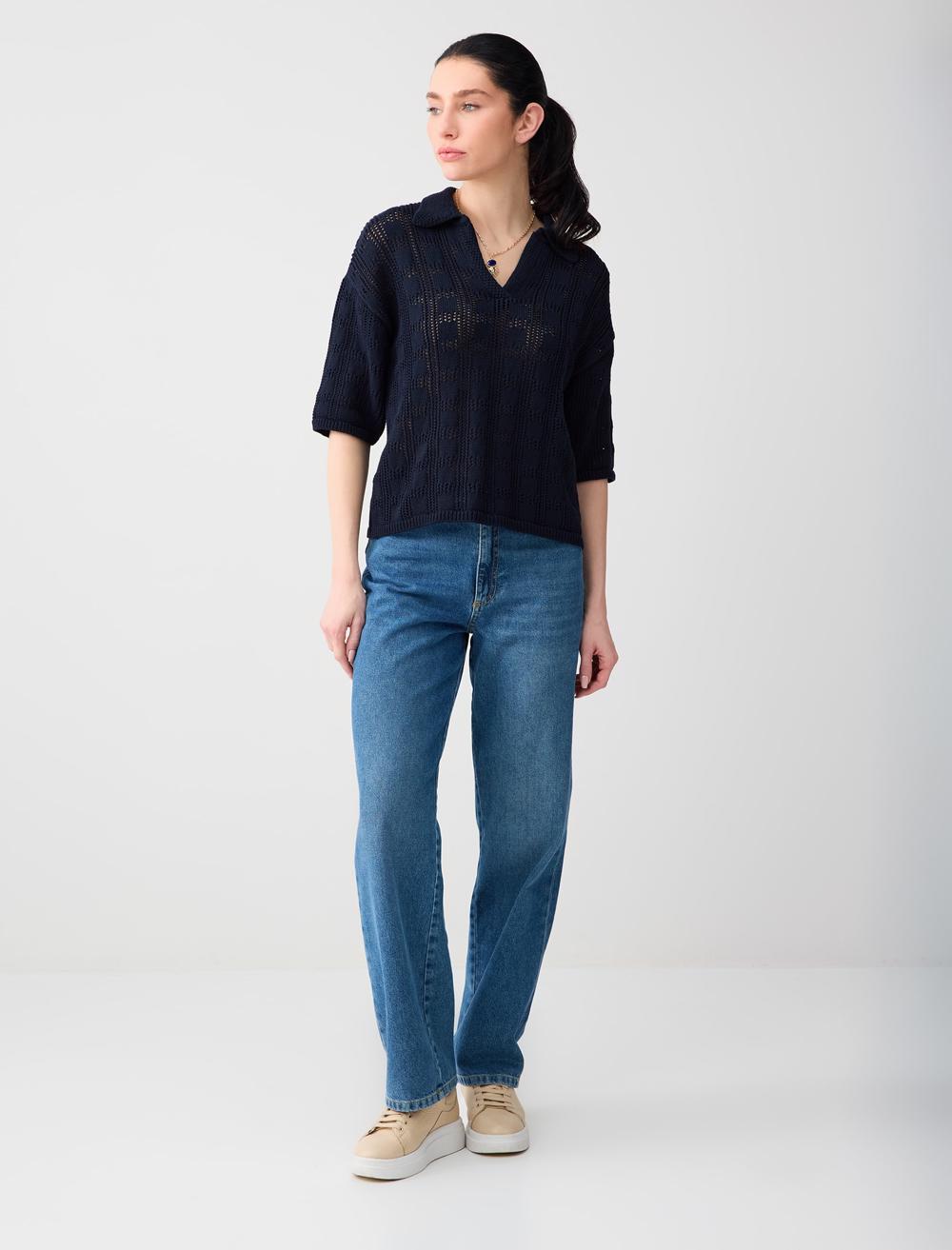 Polo Collar Relaxed Fit Acrylic Blouse - 6SW035522
