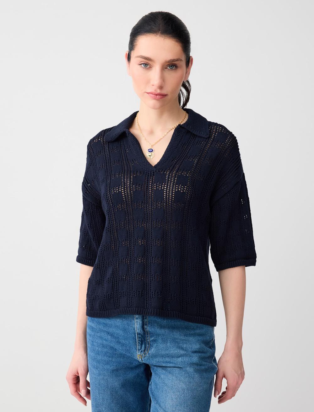 Polo Collar Relaxed Fit Acrylic Blouse - 6SW035522