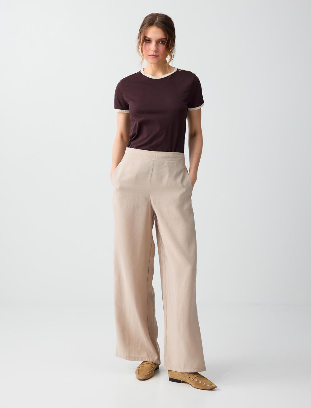 Normal Fit Crew Neck Short Sleeve Blouse - Brown - 6SW035556803