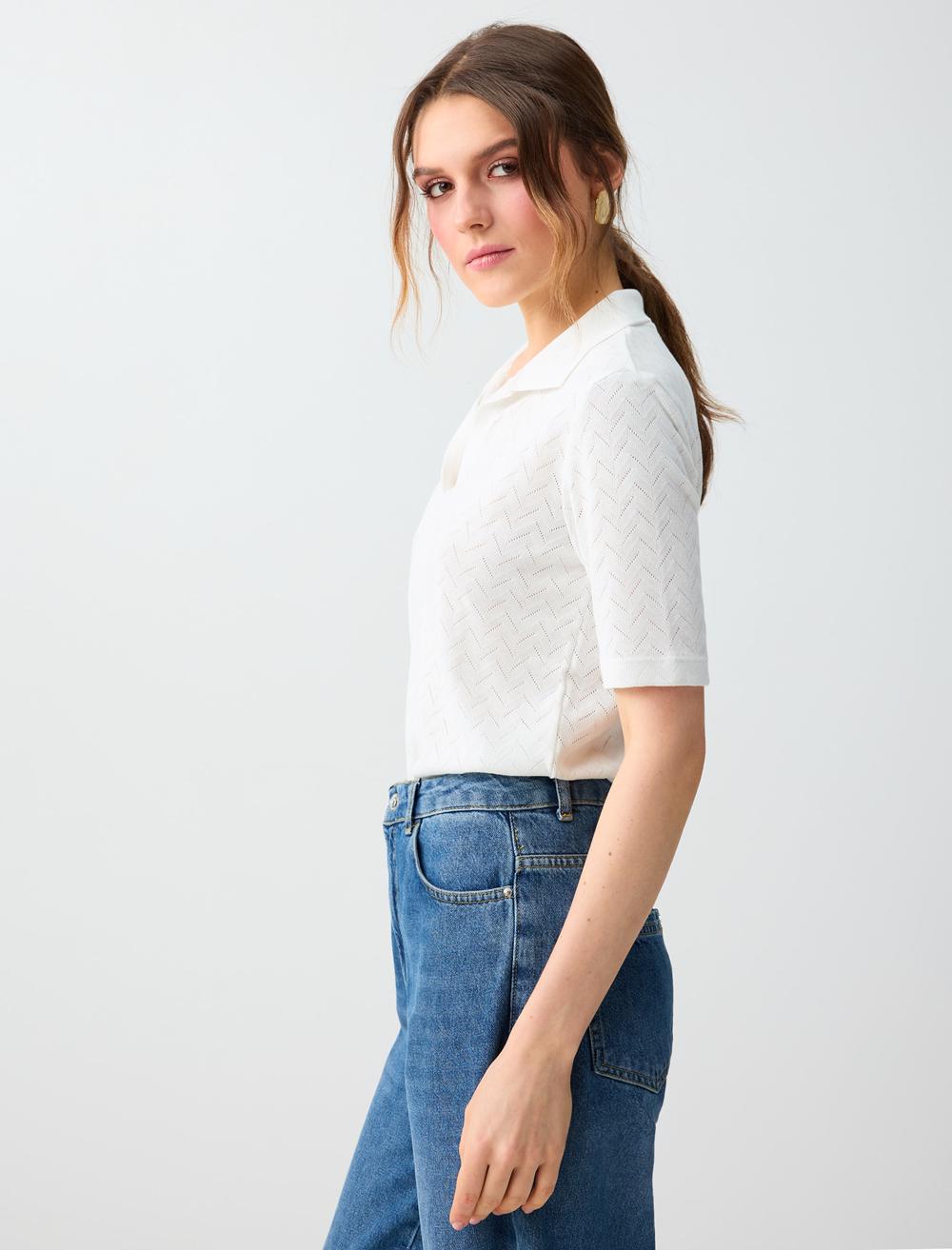 Normal Fit Polo Shirt Short Sleeve Blouse - White - 6SW035576106