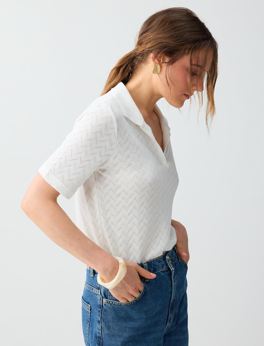 Normal Fit Polo Shirt Short Sleeve Blouse - White - 6SW035576106
