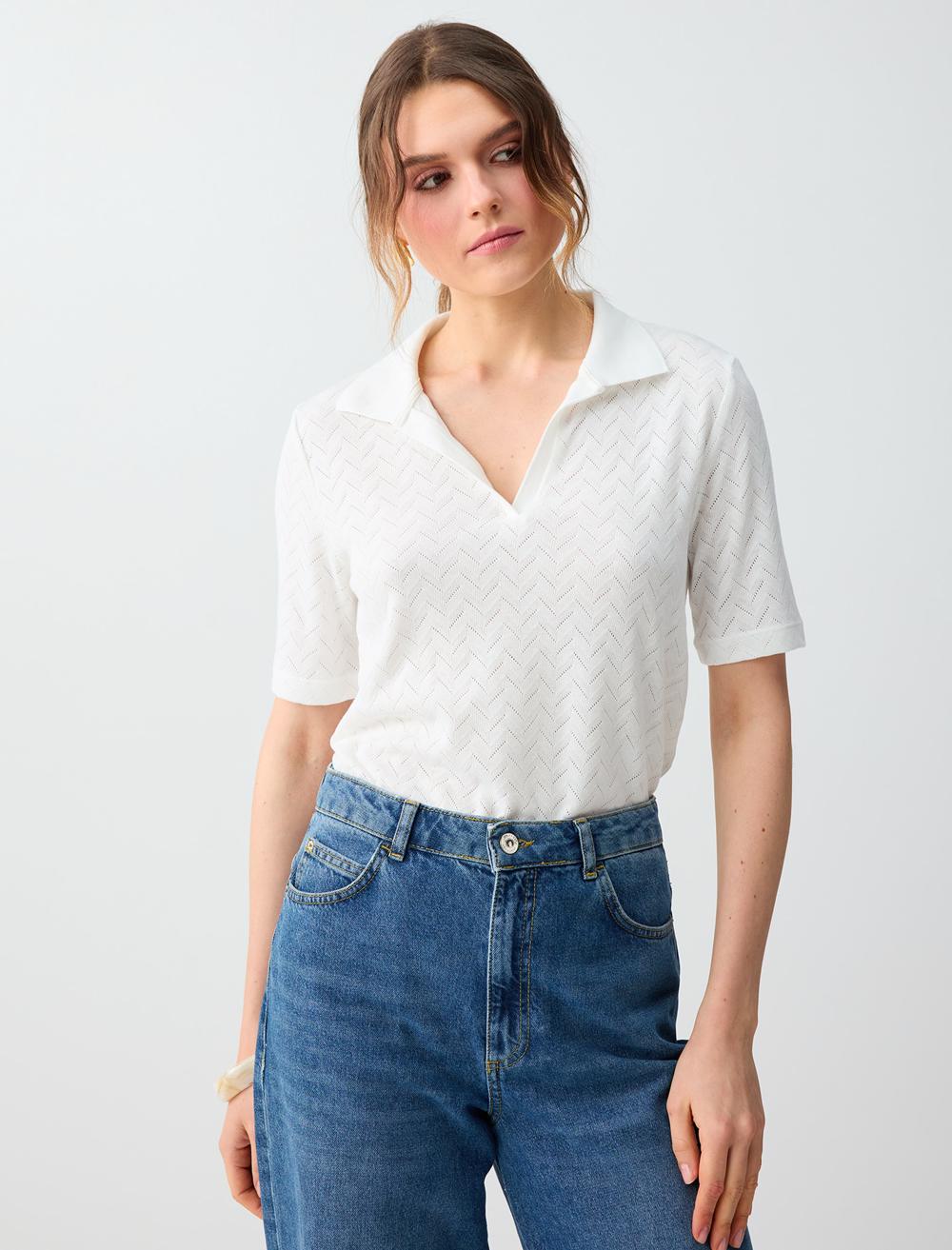 Normal Fit Polo Shirt Short Sleeve Blouse - White - 6SW035576106