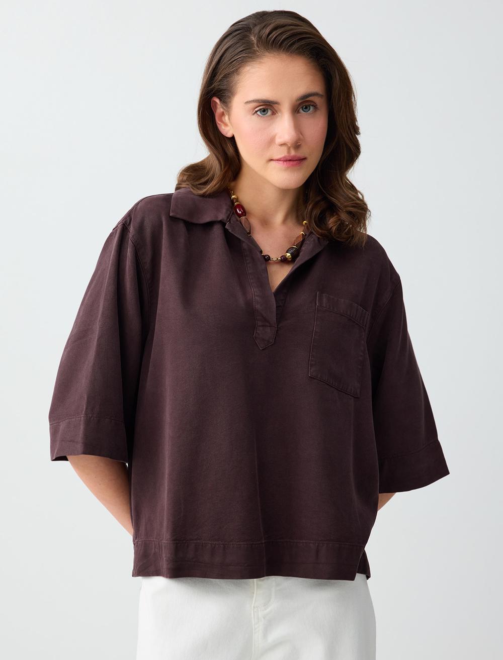 Normal Fit Polo Shirt 3/4 Sleeve Blouse - Brown - 6SW035619803