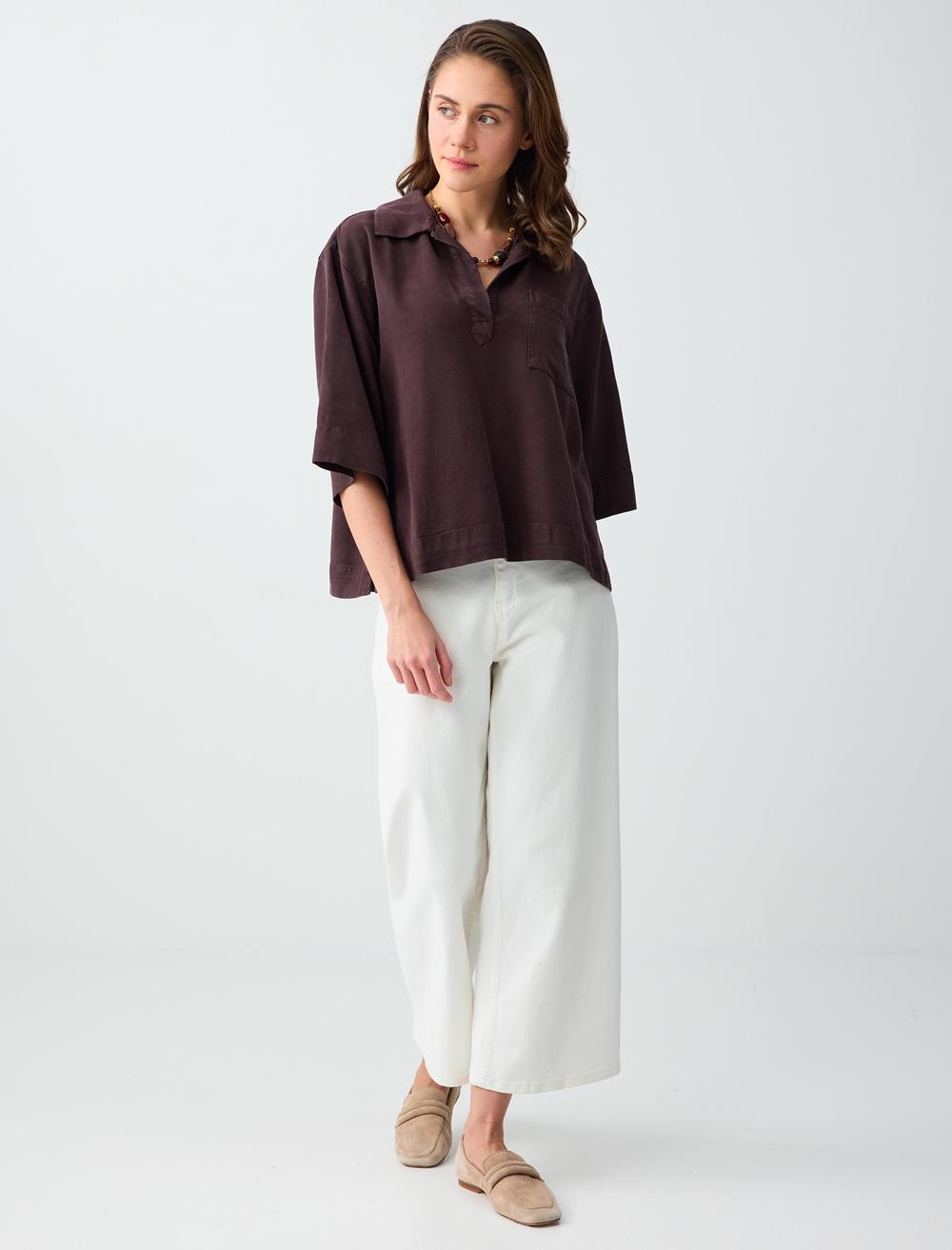 Normal Fit Polo Shirt 3/4 Sleeve Blouse - Brown - 6SW035619803