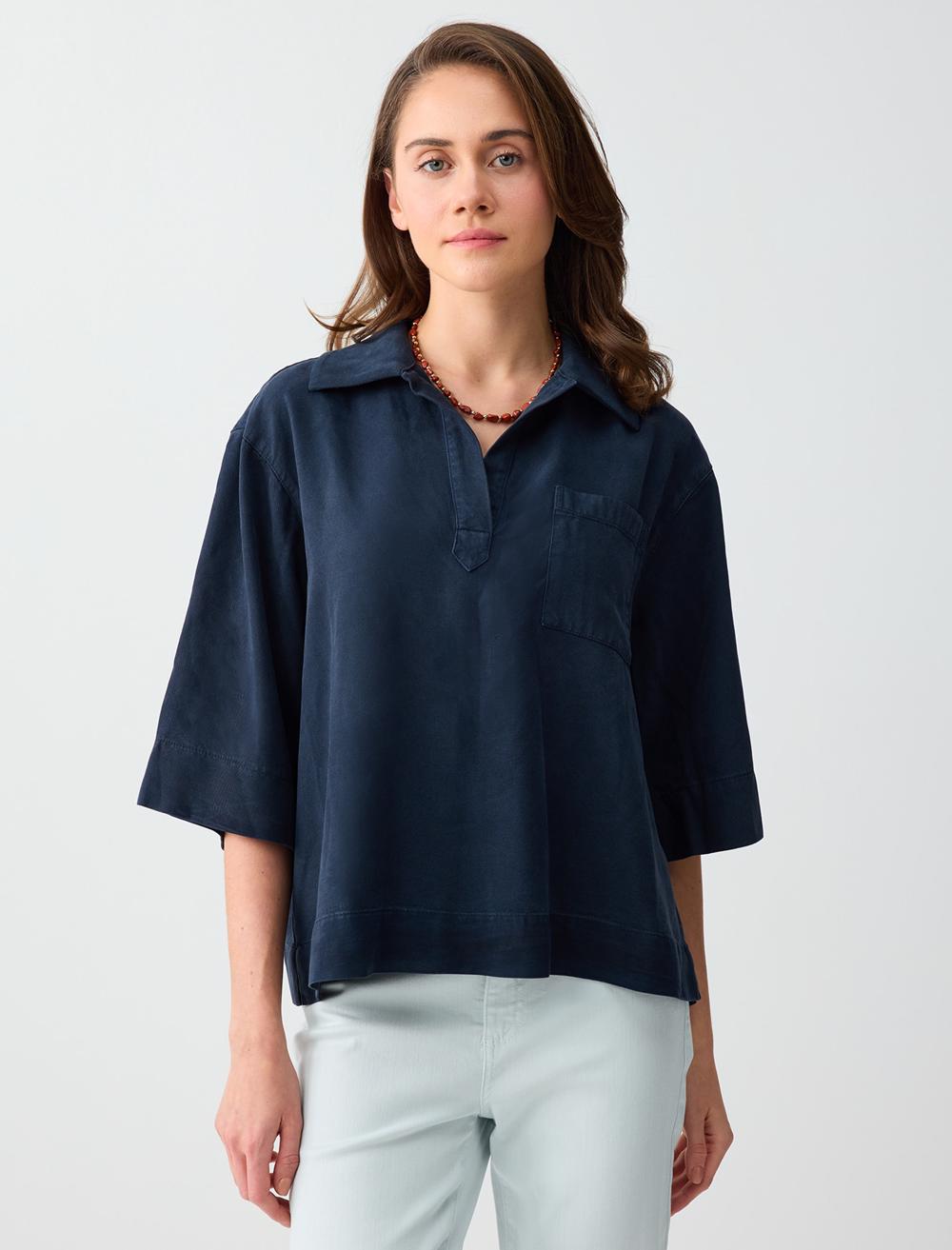 Normal Fit Polo Shirt 3/4 Sleeve Blouse - Dark Blue - 6SW035619494