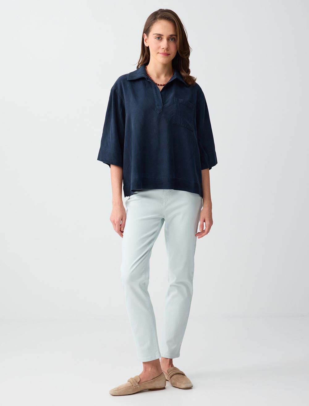 Normal Fit Polo Shirt 3/4 Sleeve Blouse - Dark Blue - 6SW035619494