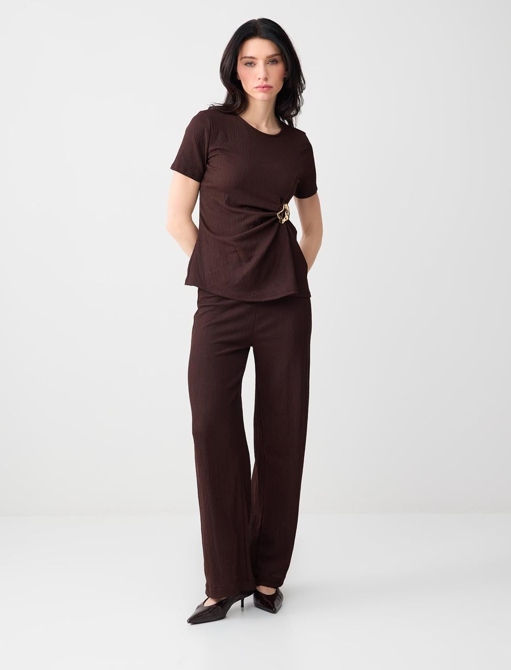 Crew Neck Long Sleeve Polyester Blouse - Bitter Brown - 6SW035725803