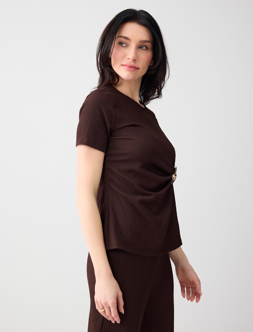 Crew Neck Long Sleeve Polyester Blouse - Bitter Brown - 6SW035725803