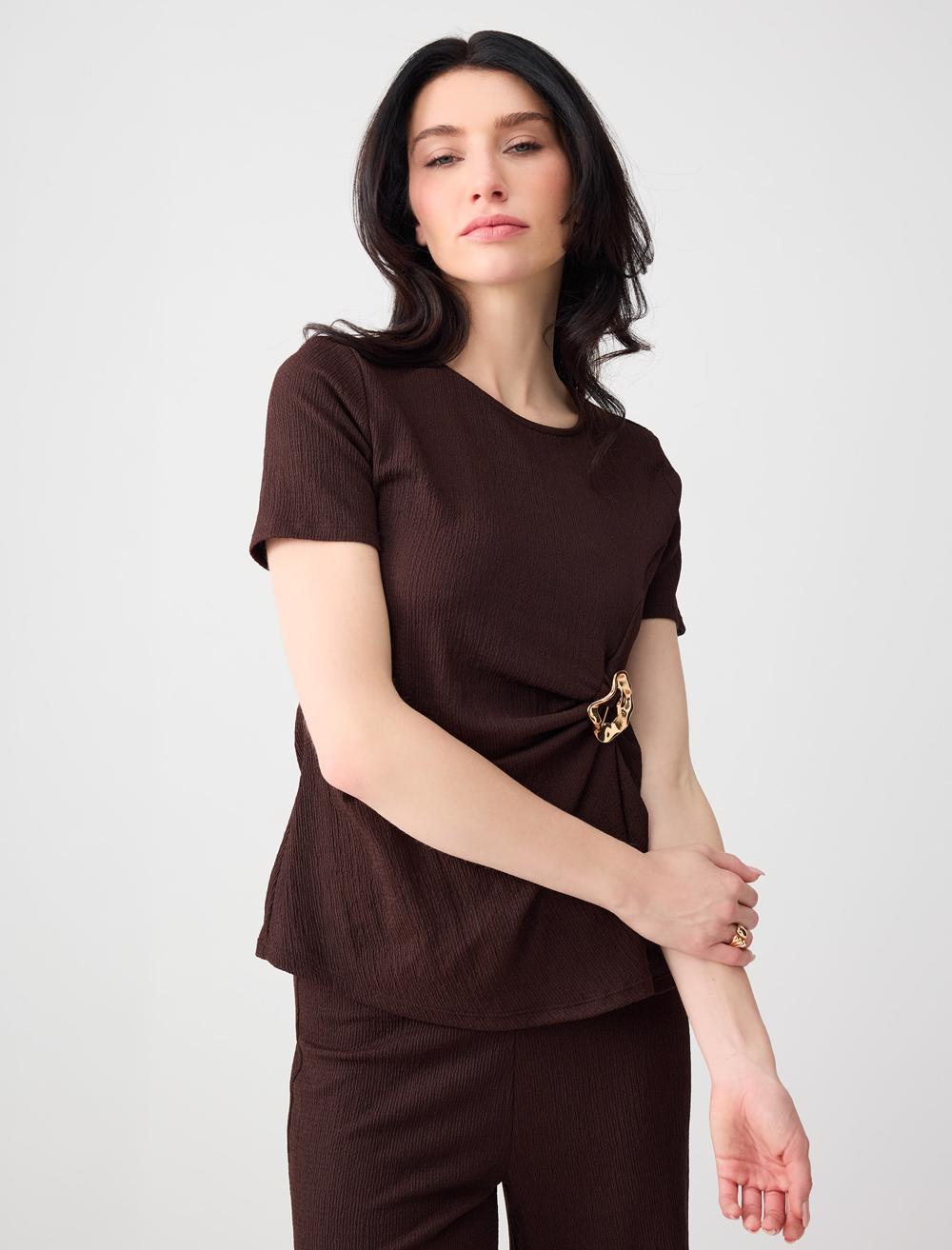 Crew Neck Long Sleeve Polyester Blouse - Bitter Brown - 6SW035725803