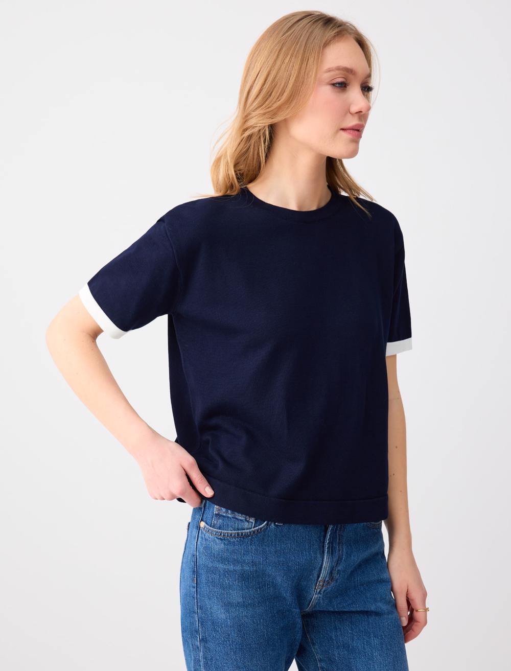 Crew Neck Short Sleeve Knit Blouse - 6SW035746
