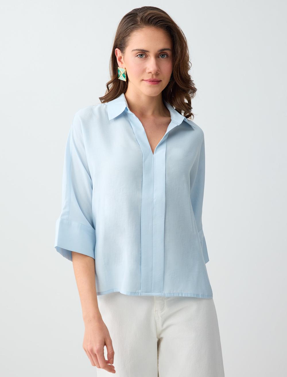 Loose Fit Shirt Collar 3/4 Sleeve Blouse - Light Blue - 6SW036566405