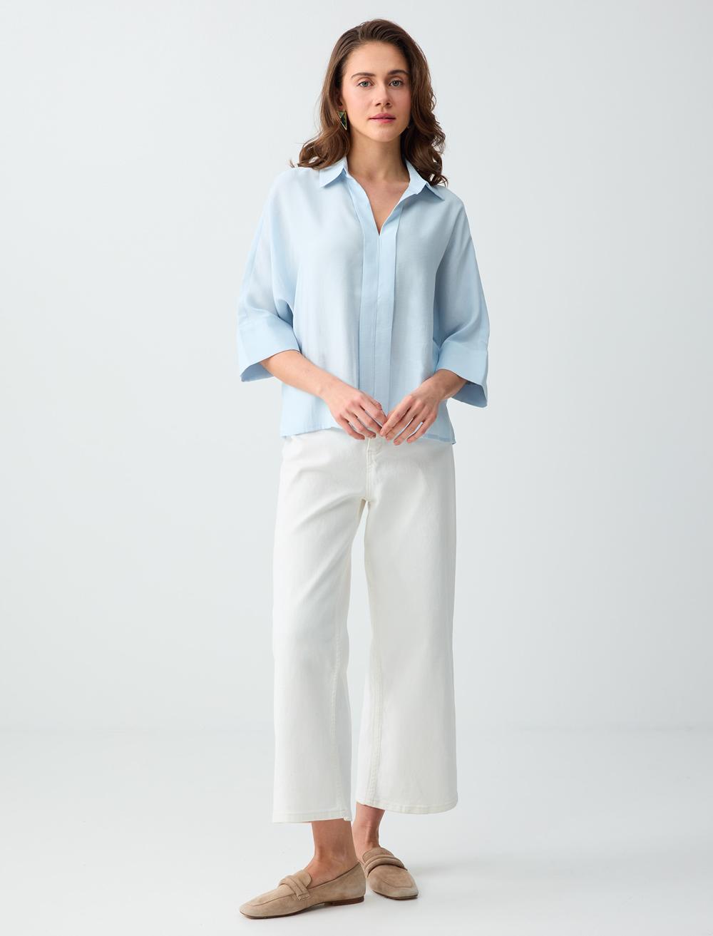Loose Fit Shirt Collar 3/4 Sleeve Blouse - Light Blue - 6SW036566405
