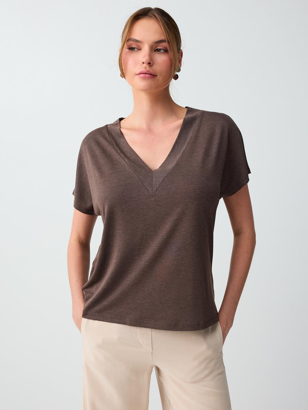 Normal Fit V-neck T-shirt - Bitter Brown - 6SW036645803