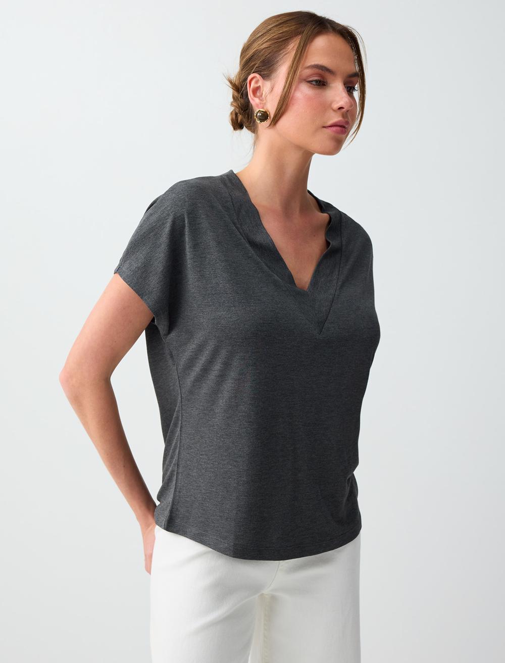 Normal Fit V-neck T-shirt - Anthracite - 6SW036645971