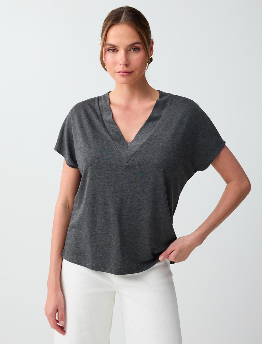 Normal Fit V-neck T-shirt - Anthracite - 6SW036645971