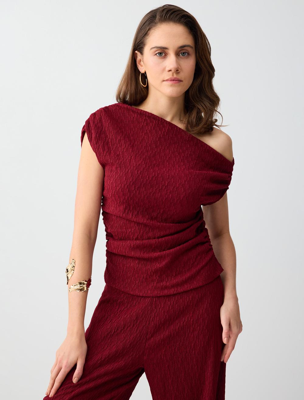 Slim Fit Blouse - Burgundy - 6SW036691562