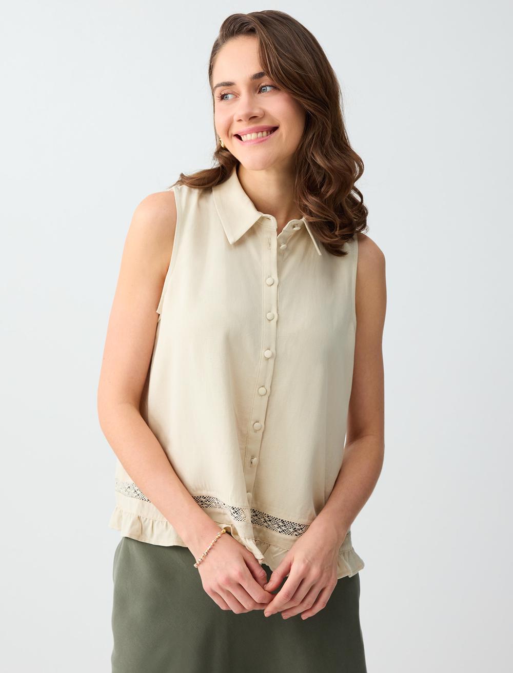 Loose Fit Shirt Collar Blouse - Stone - 6SW036697928
