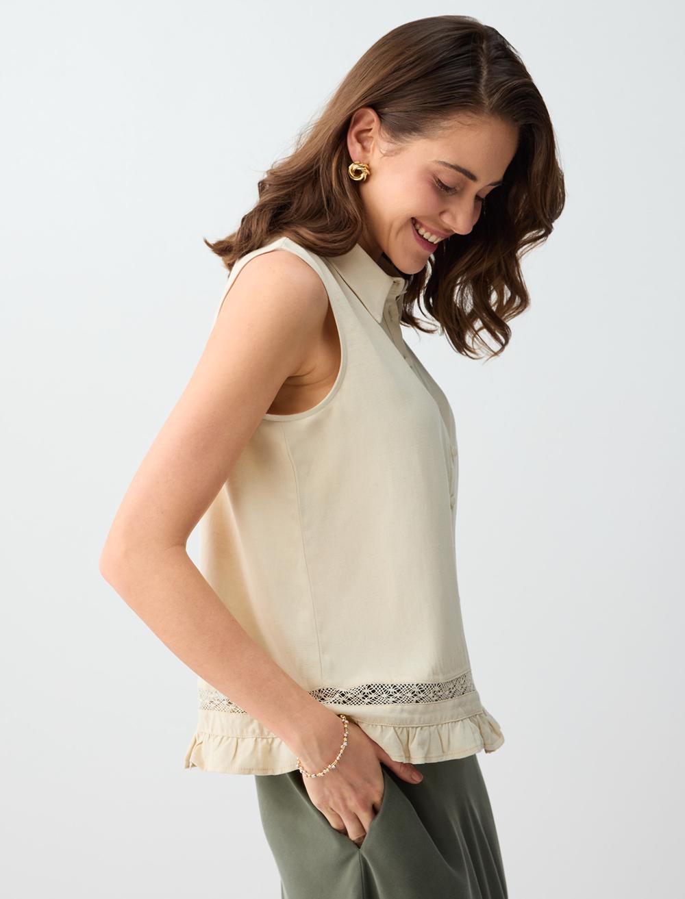 Loose Fit Shirt Collar Blouse - Stone - 6SW036697928
