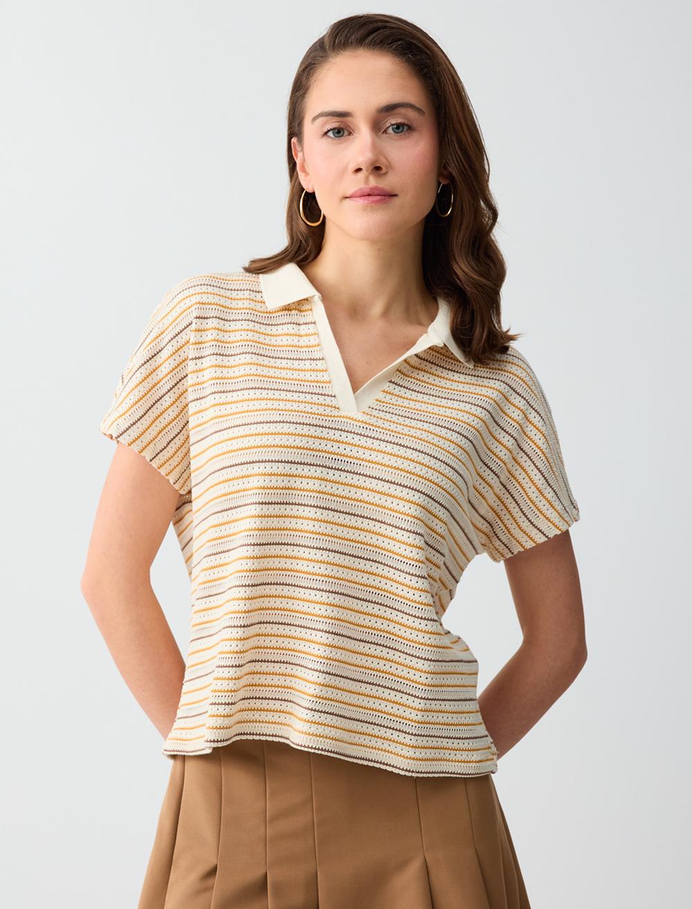 Normal Fit Polo Shirt Short Sleeve Blouse - White - 6SW036780106
