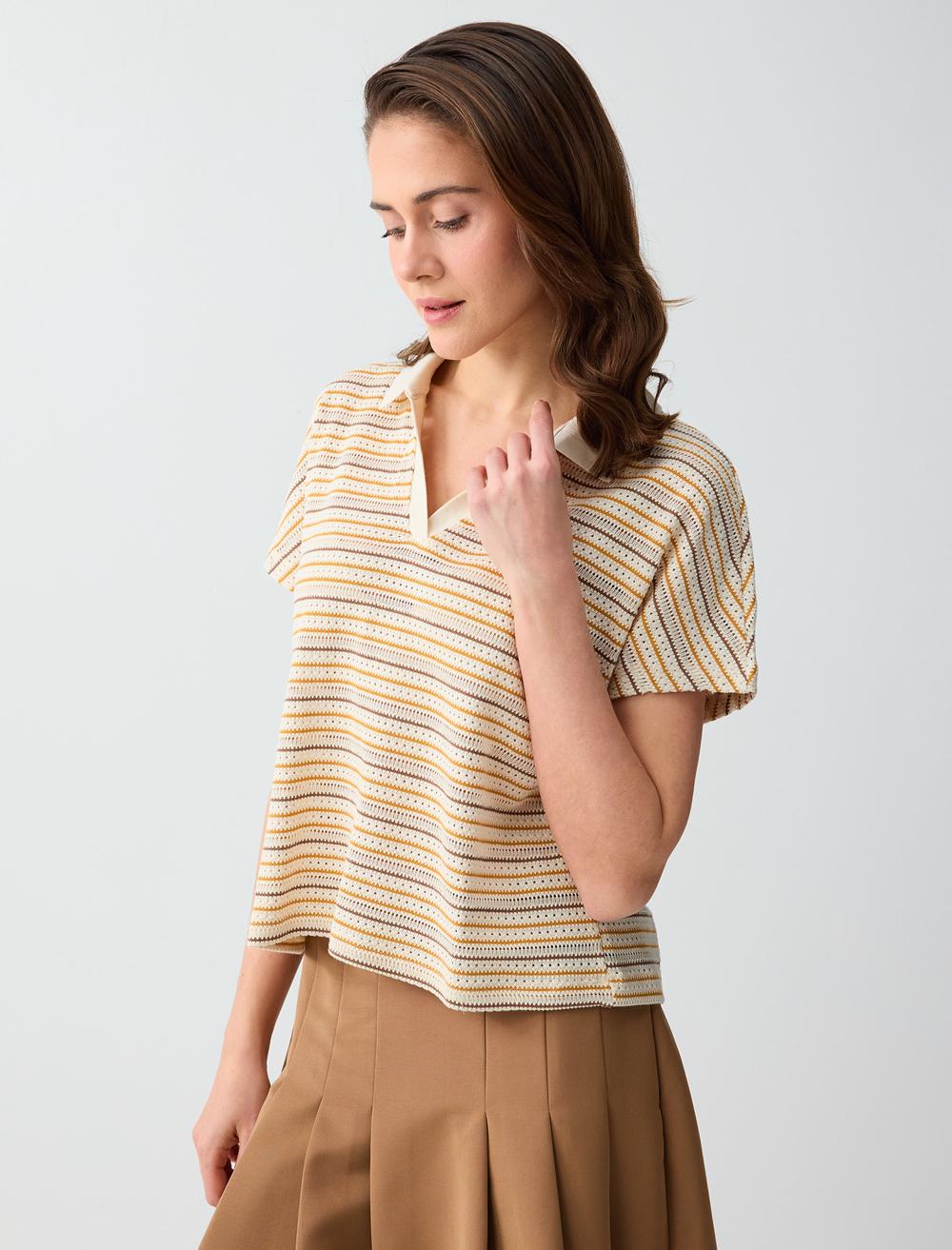 Normal Fit Polo Shirt Short Sleeve Blouse - White - 6SW036780106