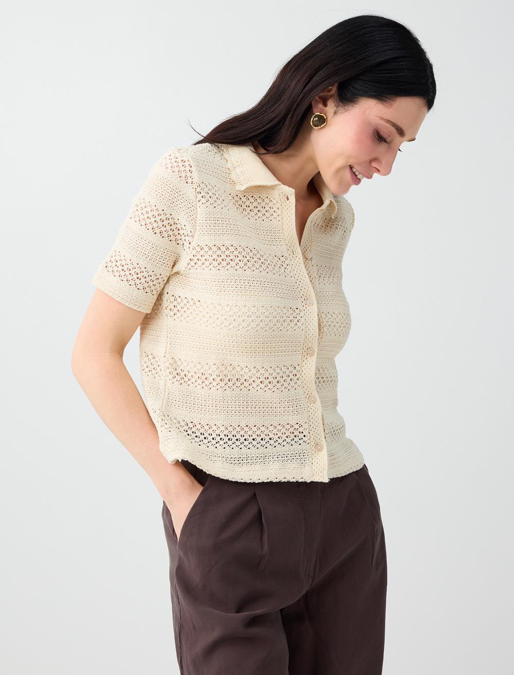 Normal Fit Shirt Collar Short Sleeve Blouse - Ecru - 6SW036789114