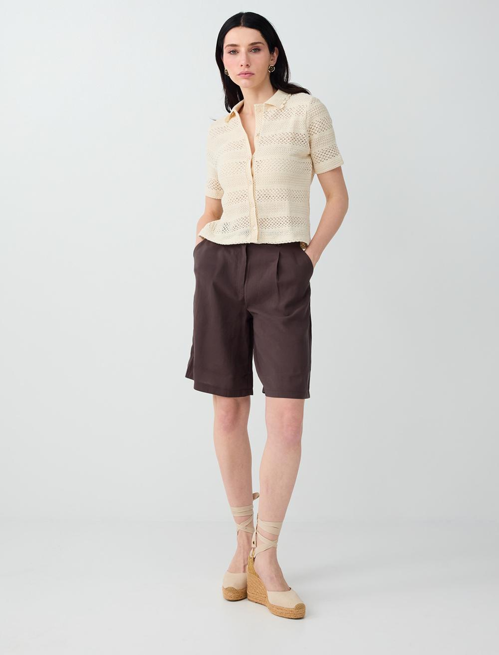 Normal Fit Shirt Collar Short Sleeve Blouse - Ecru - 6SW036789114