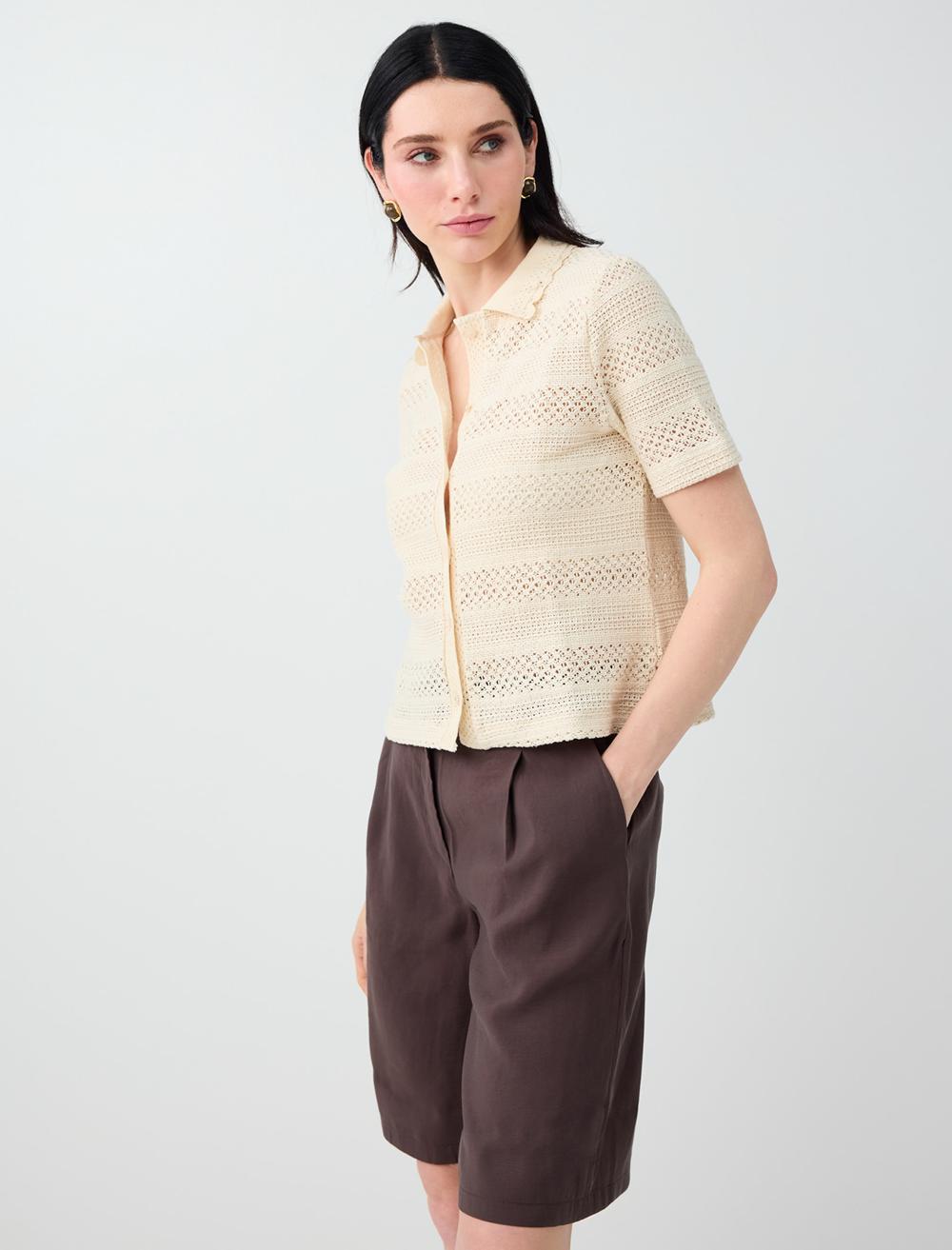 Normal Fit Shirt Collar Short Sleeve Blouse - Ecru - 6SW036789114