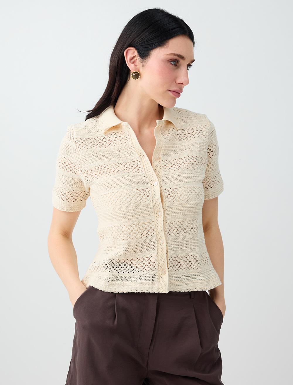 Normal Fit Shirt Collar Short Sleeve Blouse - Ecru - 6SW036789114