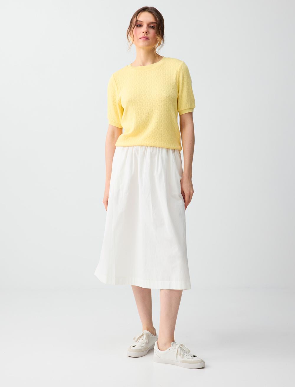 Normal Fit Crew Neck Short Sleeve Blouse - Light Yellow - 6SW037124206