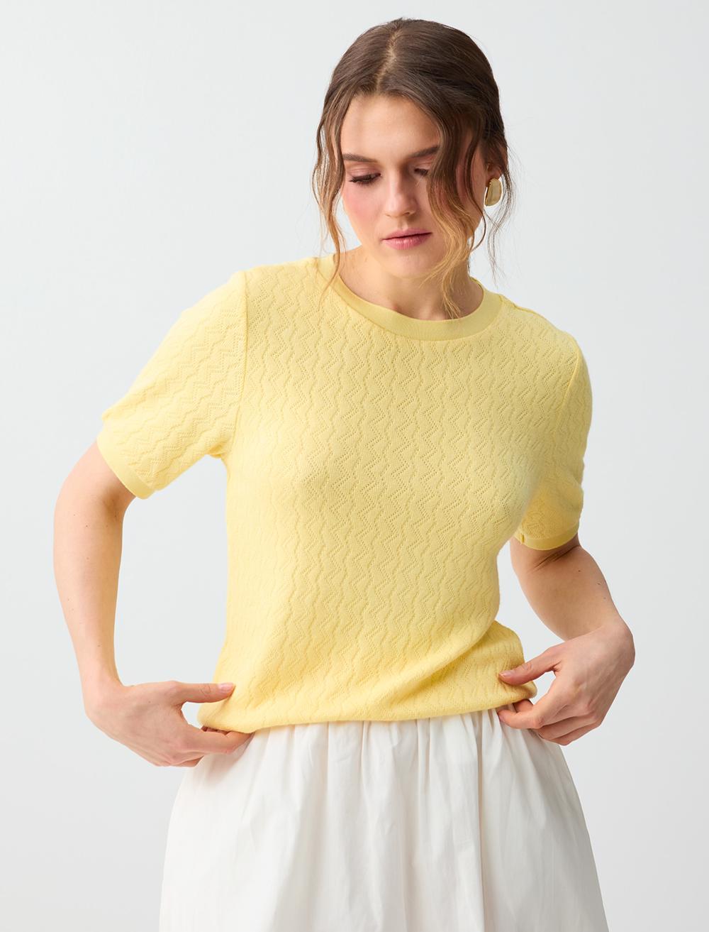 Normal Fit Crew Neck Short Sleeve Blouse - Light Yellow - 6SW037124206