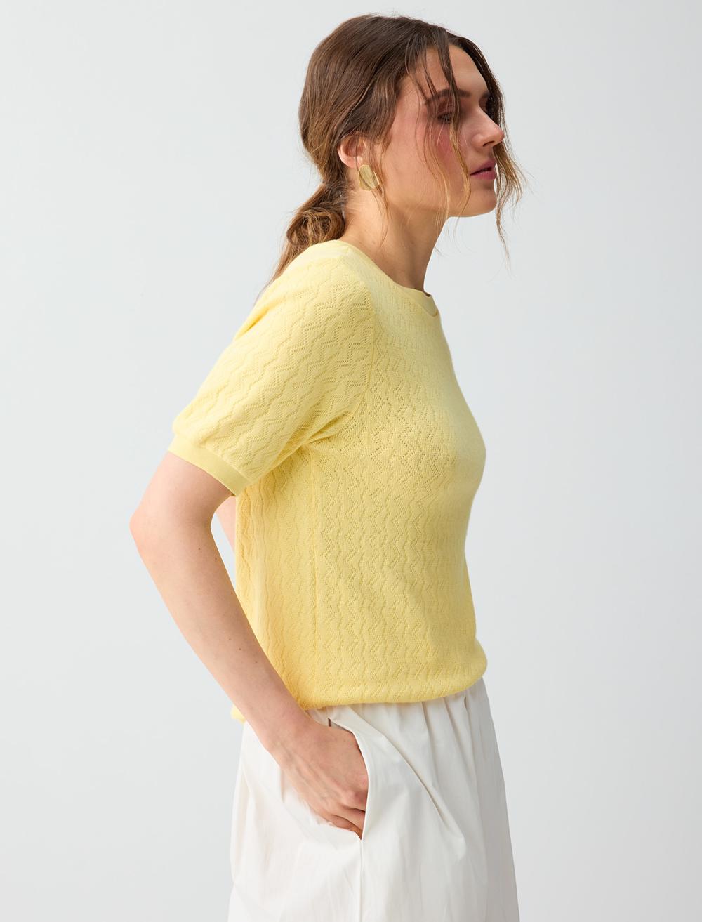 Normal Fit Crew Neck Short Sleeve Blouse - Light Yellow - 6SW037124206