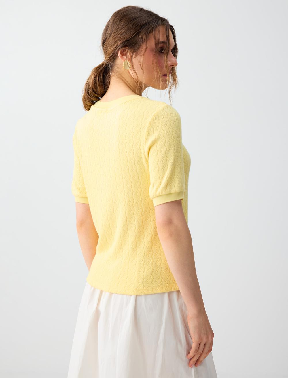 Normal Fit Crew Neck Short Sleeve Blouse - Light Yellow - 6SW037124206