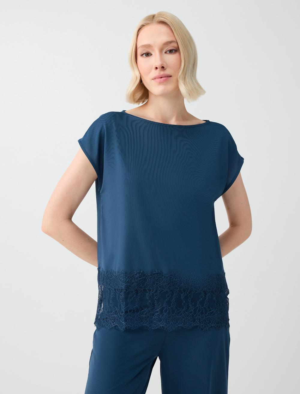 Loose Fit Off-the-shoulder Blouse - Dark Blue - 6SW037249427