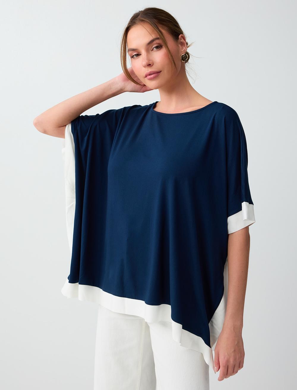 Loose Fit Crew Neck Blouse - Dark Blue - 6SW037352494