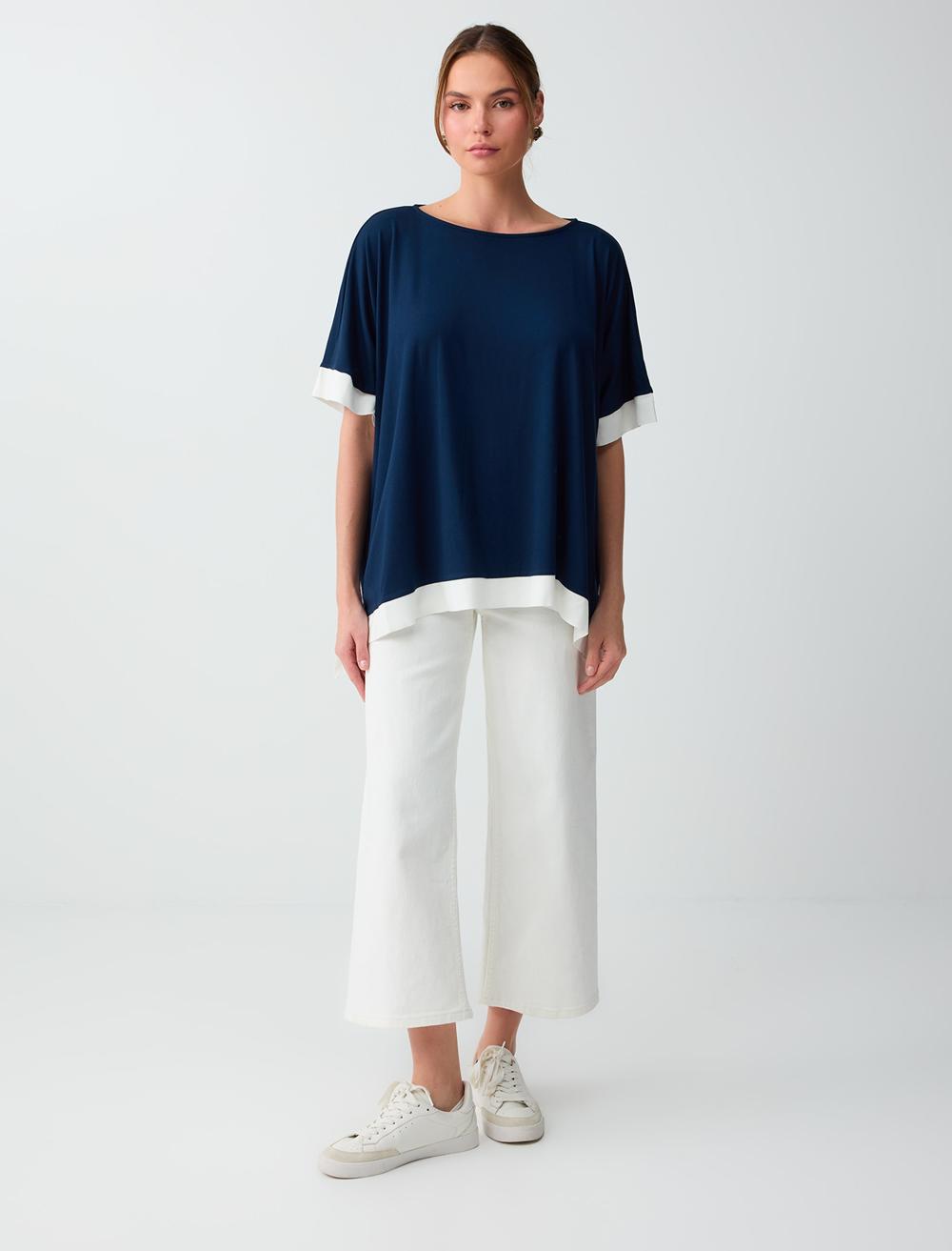 Loose Fit Crew Neck Blouse - Dark Blue - 6SW037352494