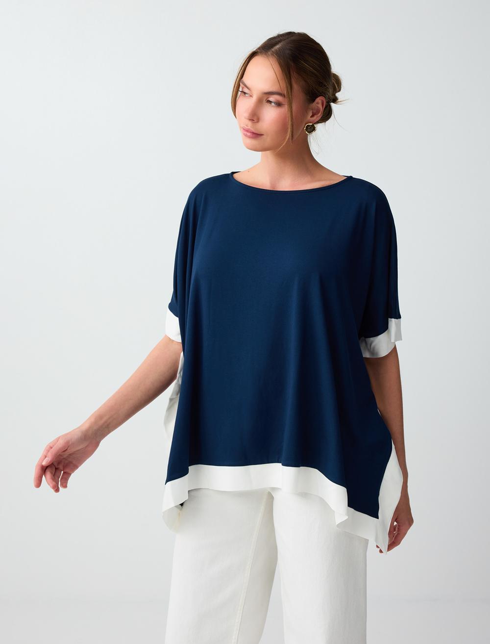 Loose Fit Crew Neck Blouse - Dark Blue - 6SW037352494