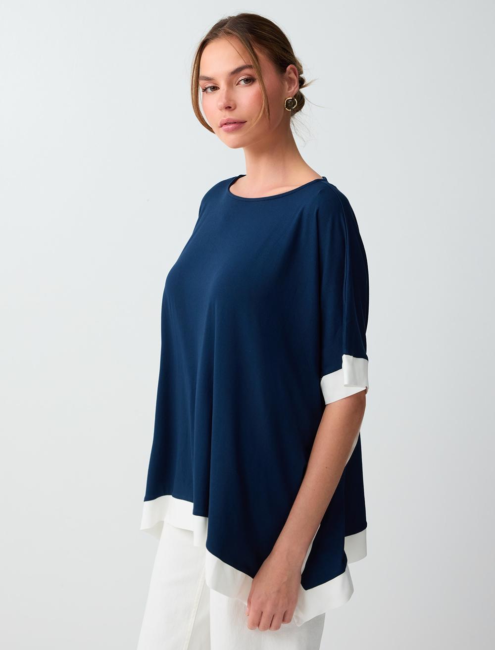 Loose Fit Crew Neck Blouse - Dark Blue - 6SW037352494