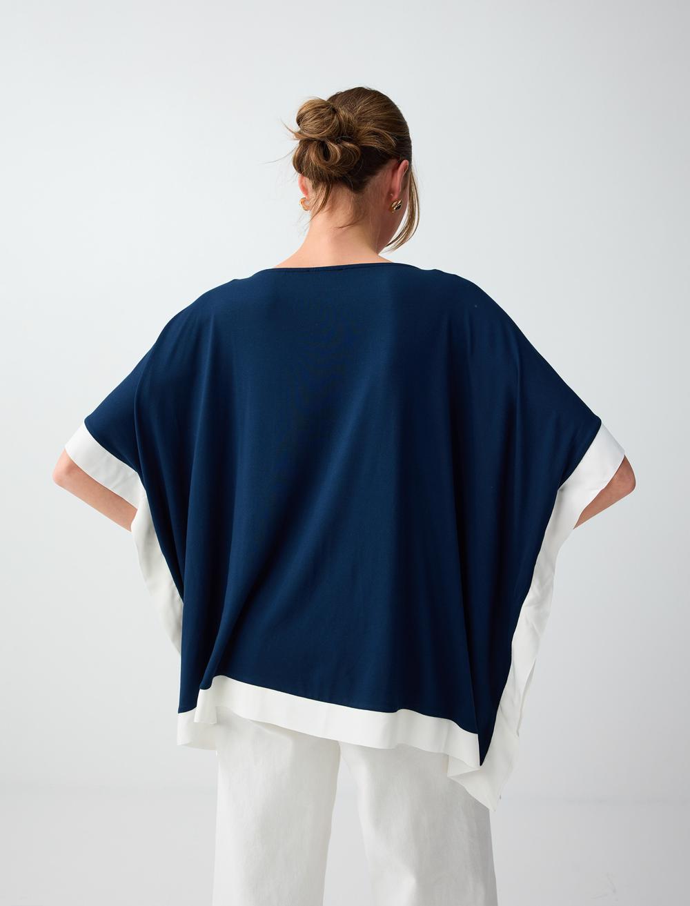 Loose Fit Crew Neck Blouse - Dark Blue - 6SW037352494