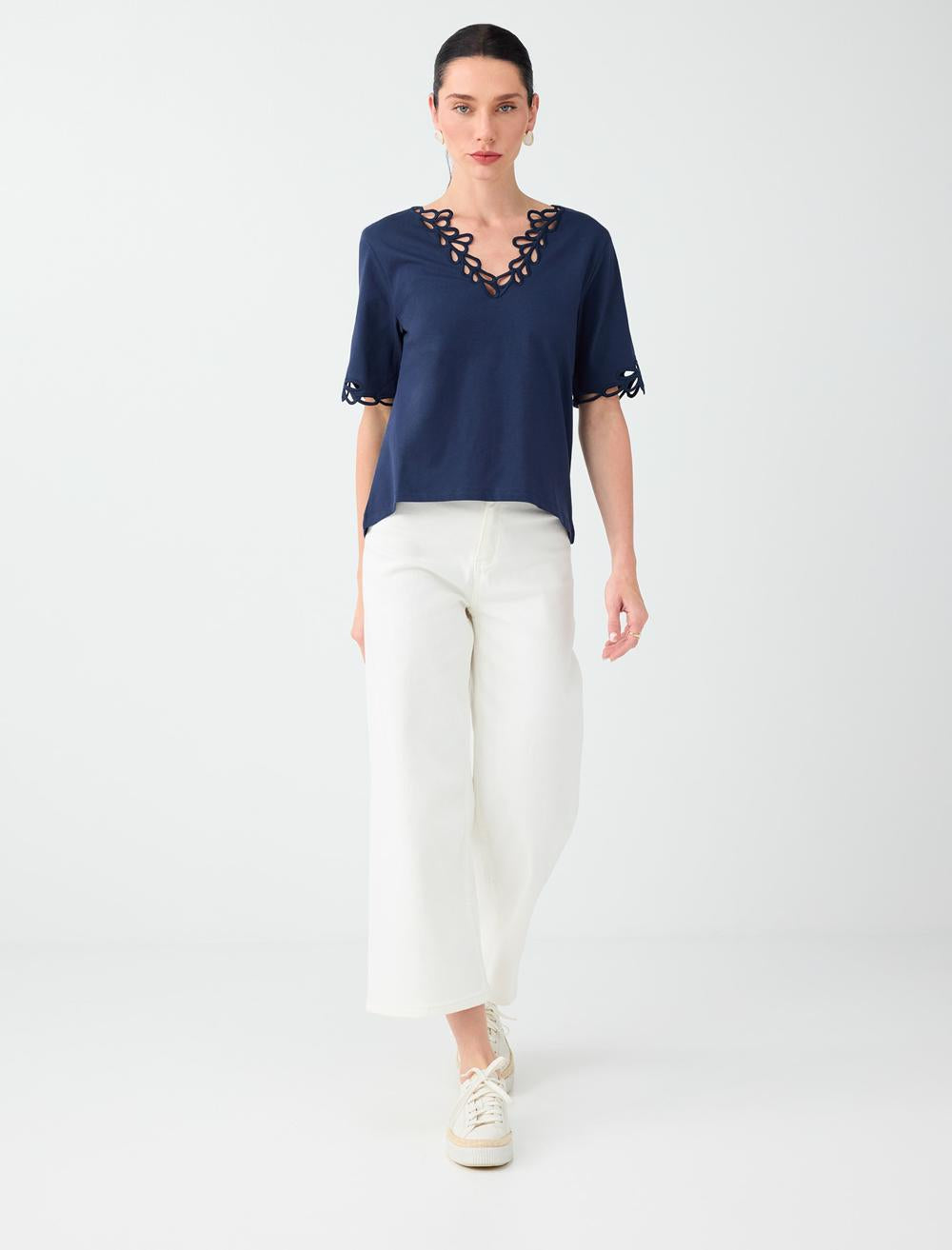 Loose Fit V-neck 3/4 Sleeve Blouse - Dark Blue - 6SW037425494