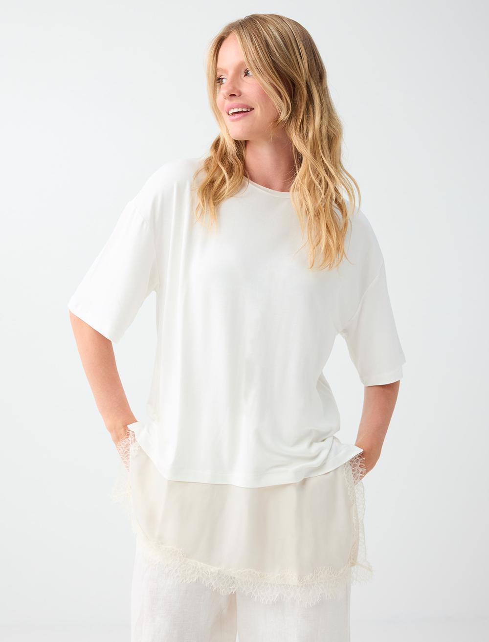 Normal Fit Crew Neck 3/4 Sleeve Blouse - White - 6SW037430106