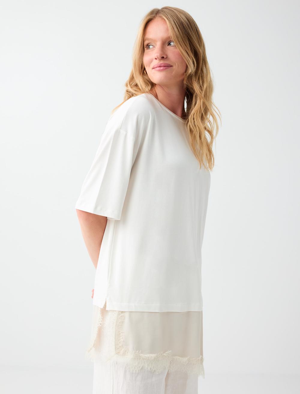 Normal Fit Crew Neck 3/4 Sleeve Blouse - White - 6SW037430106