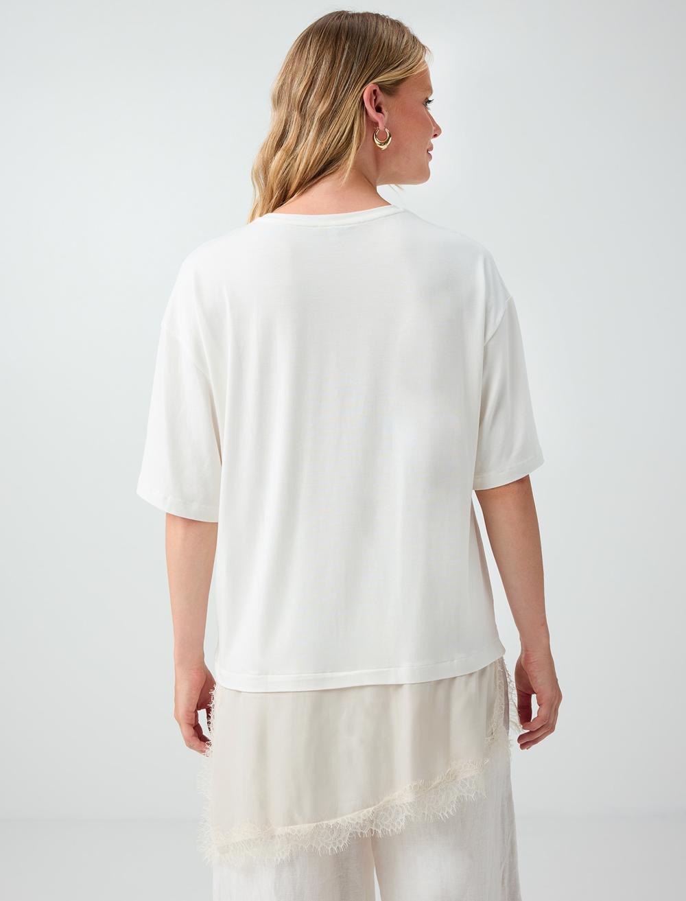 Normal Fit Crew Neck 3/4 Sleeve Blouse - White - 6SW037430106