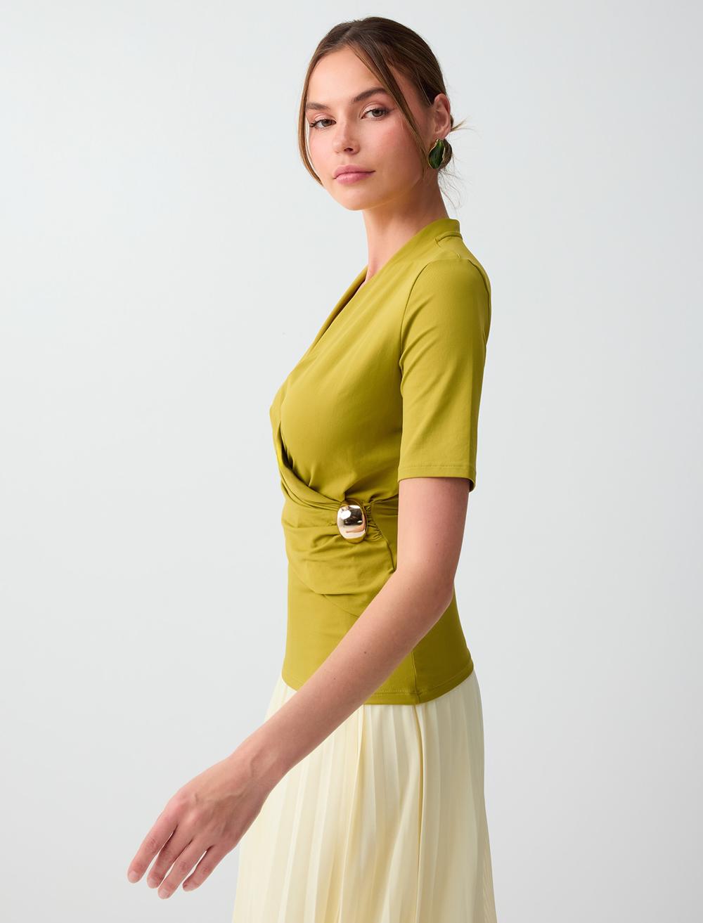 Normal Fit Cache-coeur Short Sleeve Blouse - Green - 6SW037457307