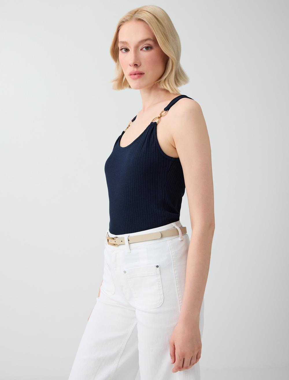 Normal Fit Scoop Neck Sleeveless Blouse - Dark Blue - 6SW037480494