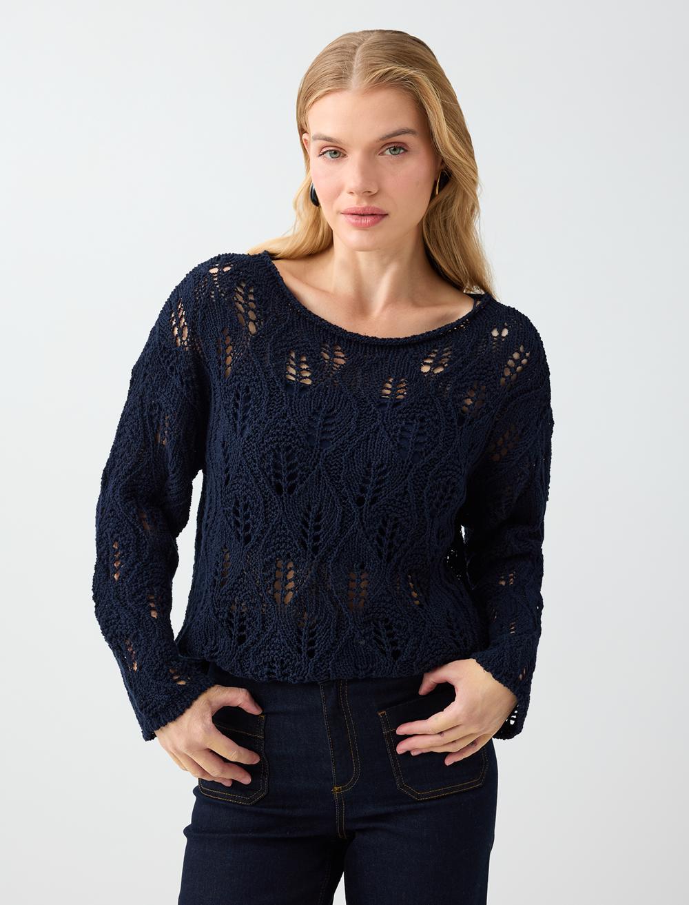 Loose Fit Off-the-shoulder Pullover - Dark Blue - 6WW138176494
