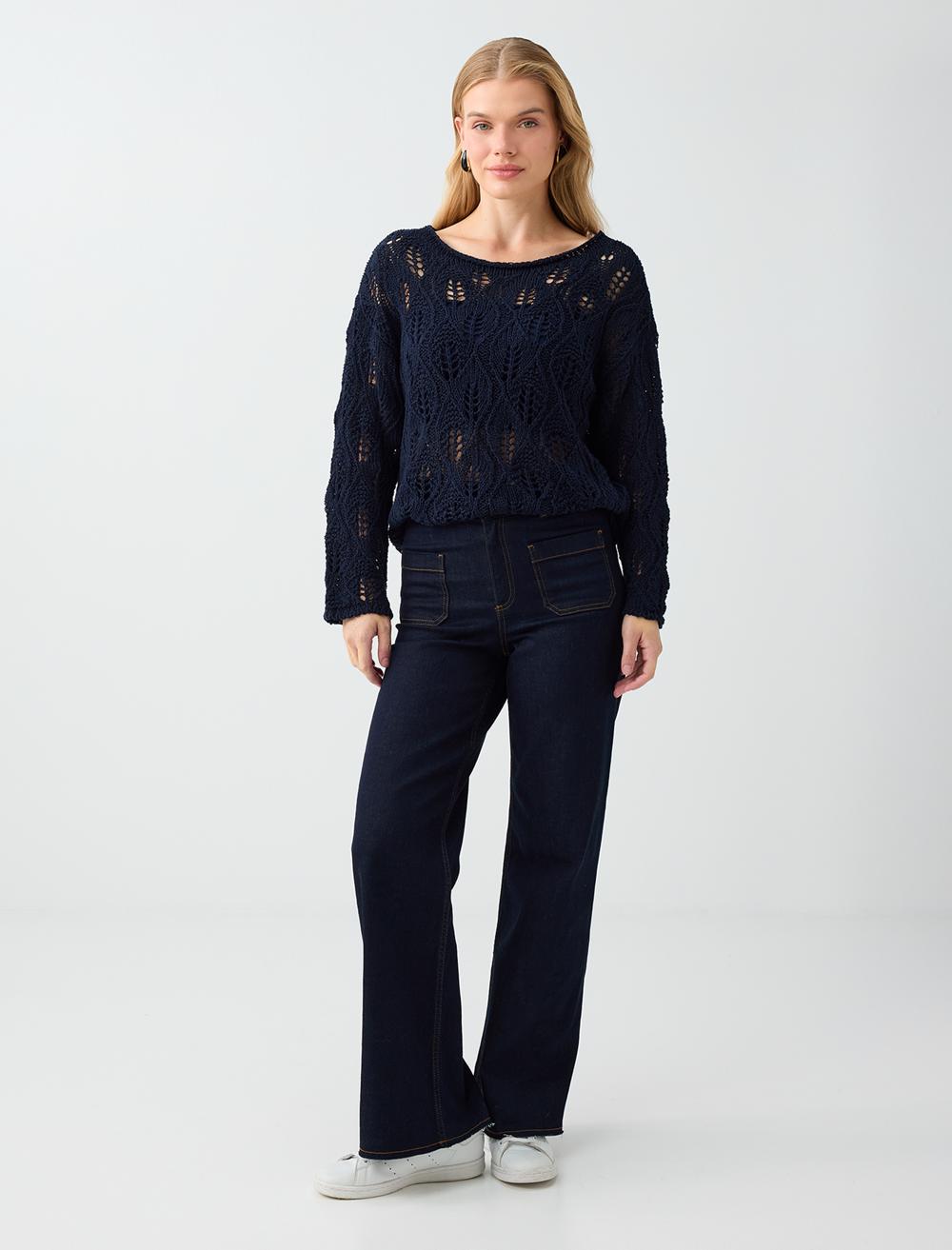 Loose Fit Off-the-shoulder Pullover - Dark Blue