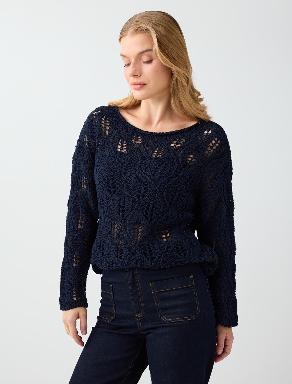 Loose Fit Off-the-shoulder Pullover - Dark Blue