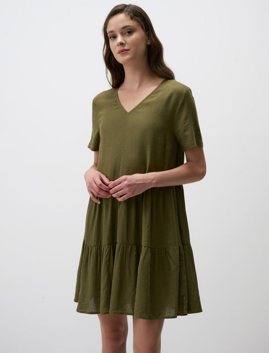 Loose Cut Short Sleeve V-Neck Linen Mini Dress