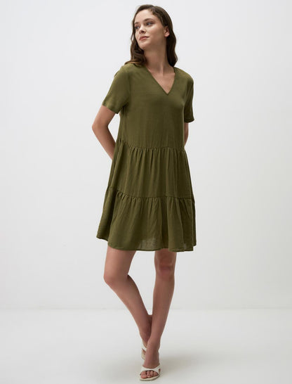Loose Cut Short Sleeve V-Neck Linen Mini Dress