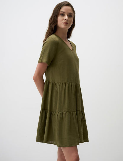 Loose Cut Short Sleeve V-Neck Linen Mini Dress